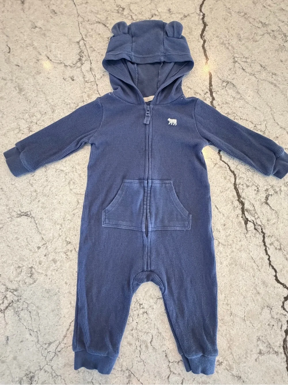 Carter’s Baby Blue Waffle Knit Hooded Romper Bear Ears Zip 9 Months